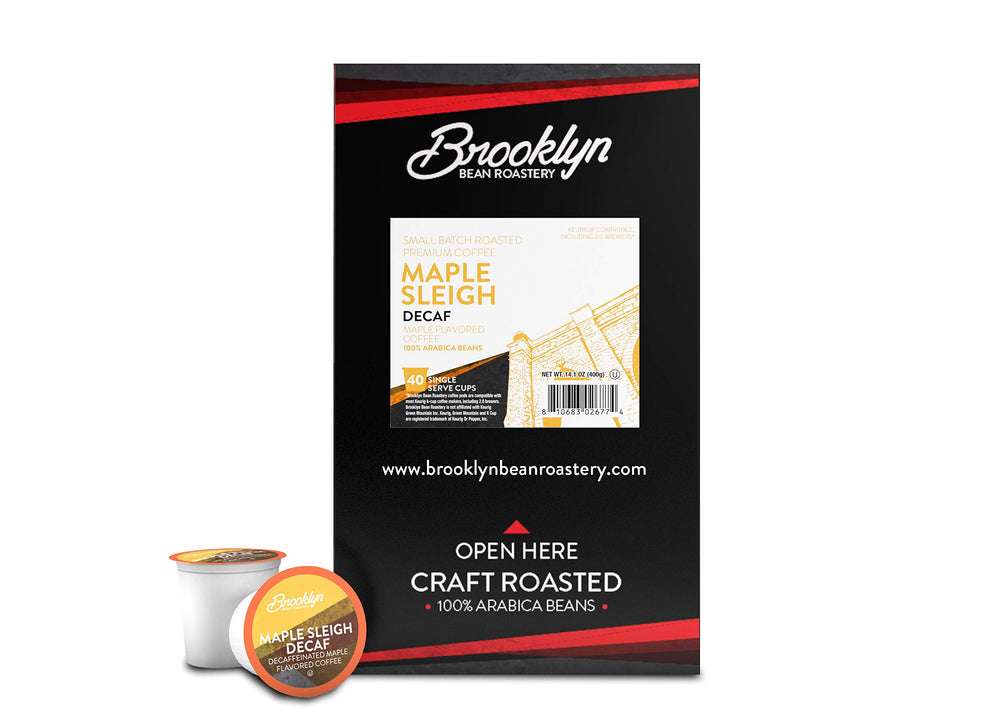 Brewed cup of Brooklyn Beans Maple Sleigh decaf steaming and aromatic
