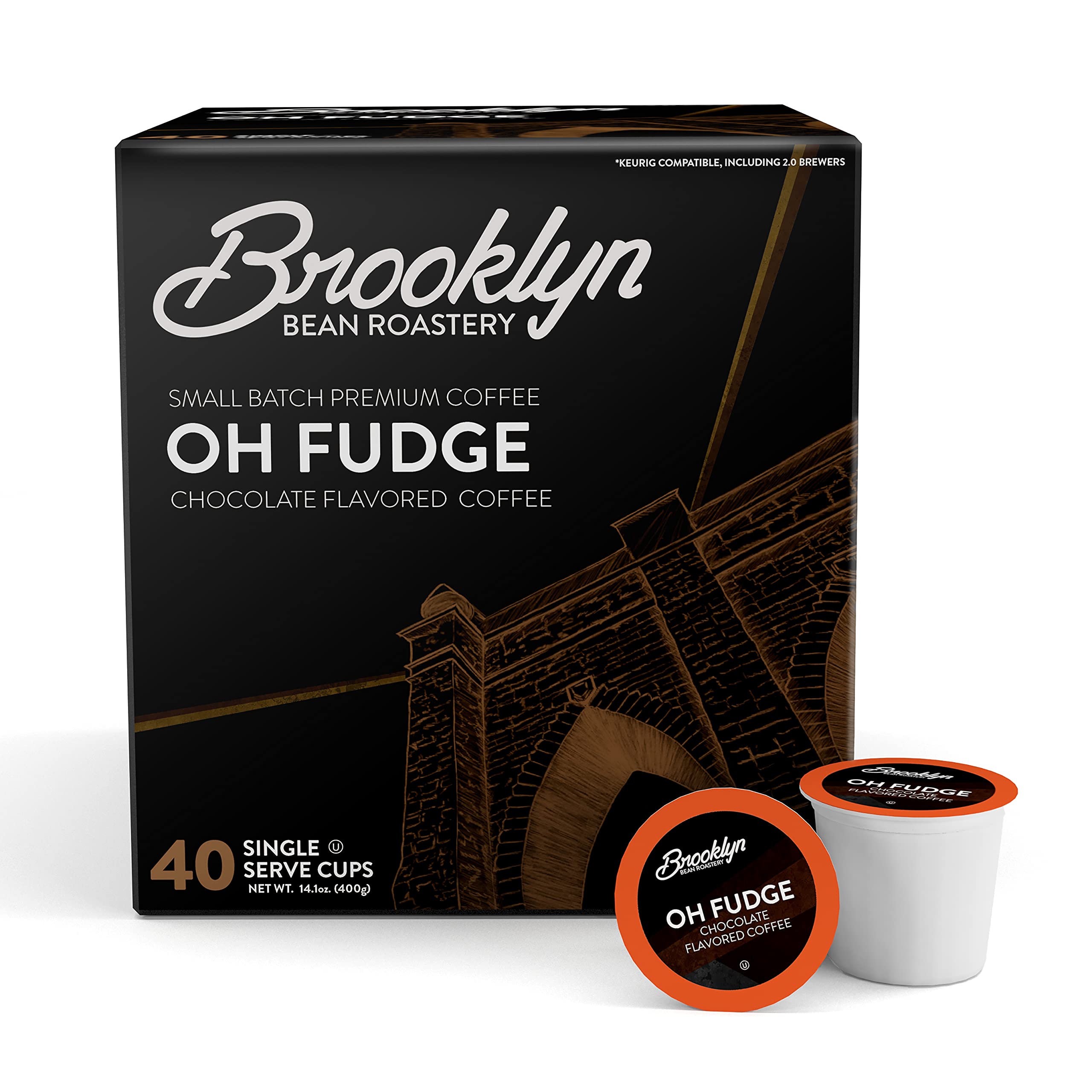 Brooklyn Beans front packaging showing 40-count pods and rich chocolate benefit