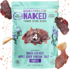Brooklyn Biltong front packaging showing garlic steak slices and clean ingredients benefit
