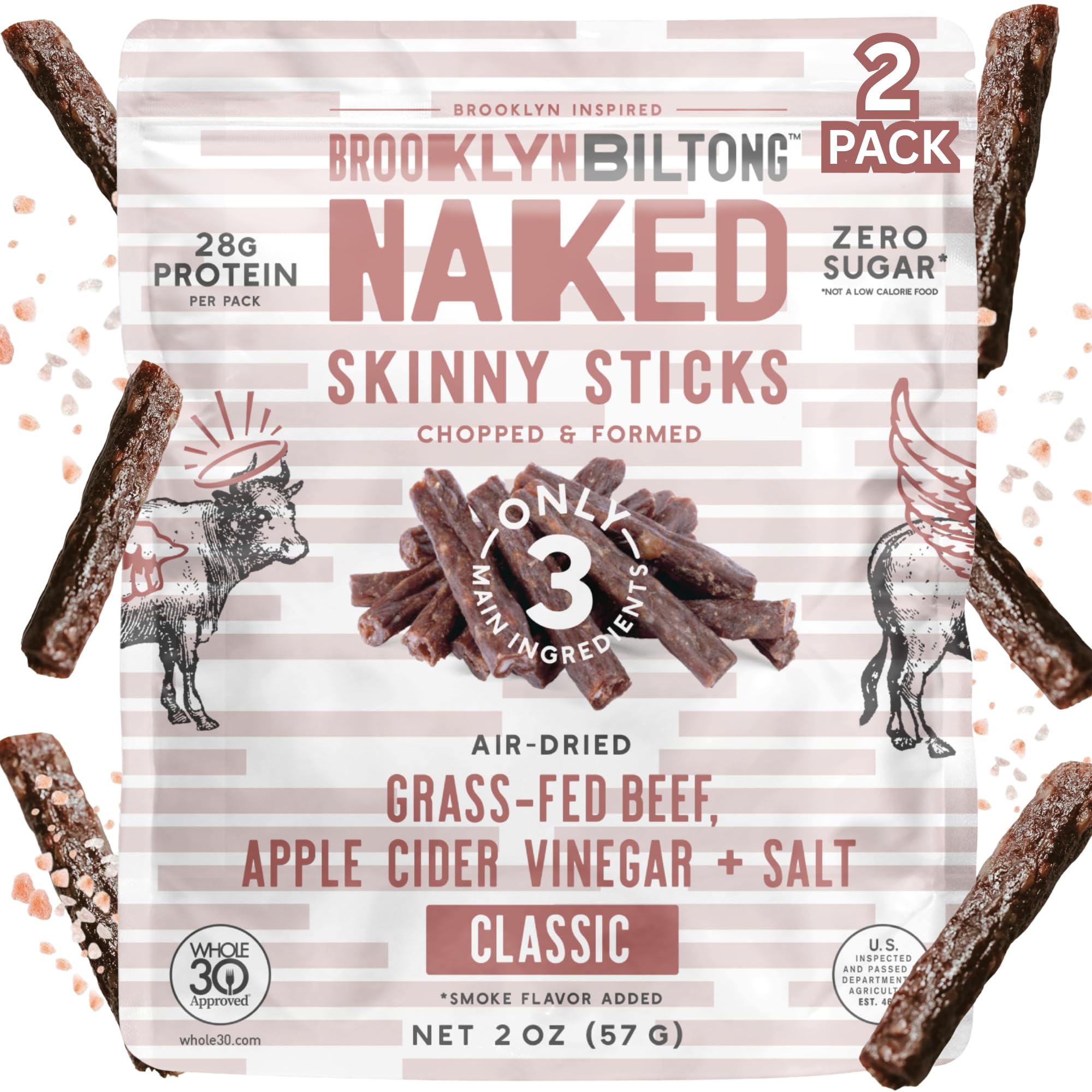 Brooklyn Biltong front packaging showing two 2 oz sticks and nutritional clarity