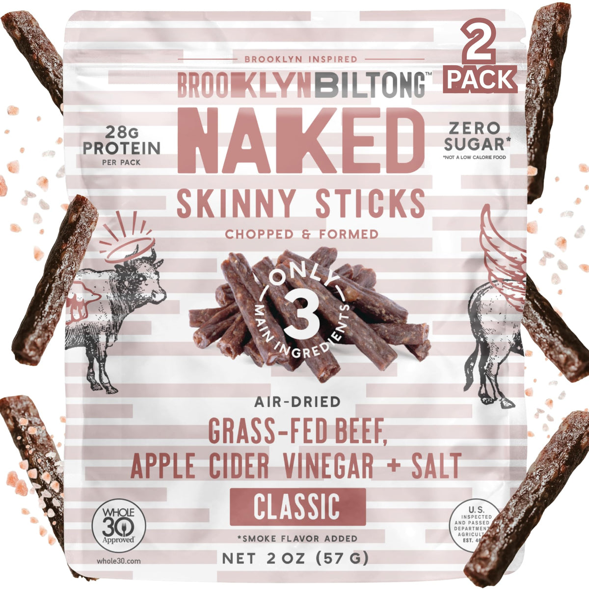 Brooklyn Biltong front packaging showing two 2 oz sticks and nutritional clarity