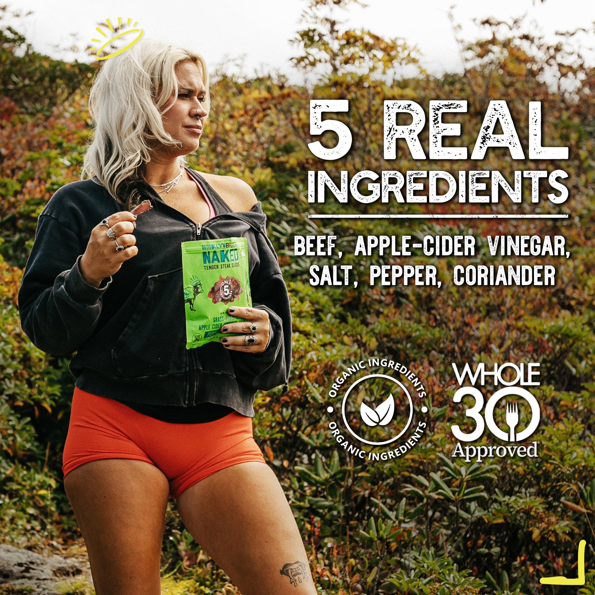 Brooklyn Biltong label showing simple five-ingredient list and certifications