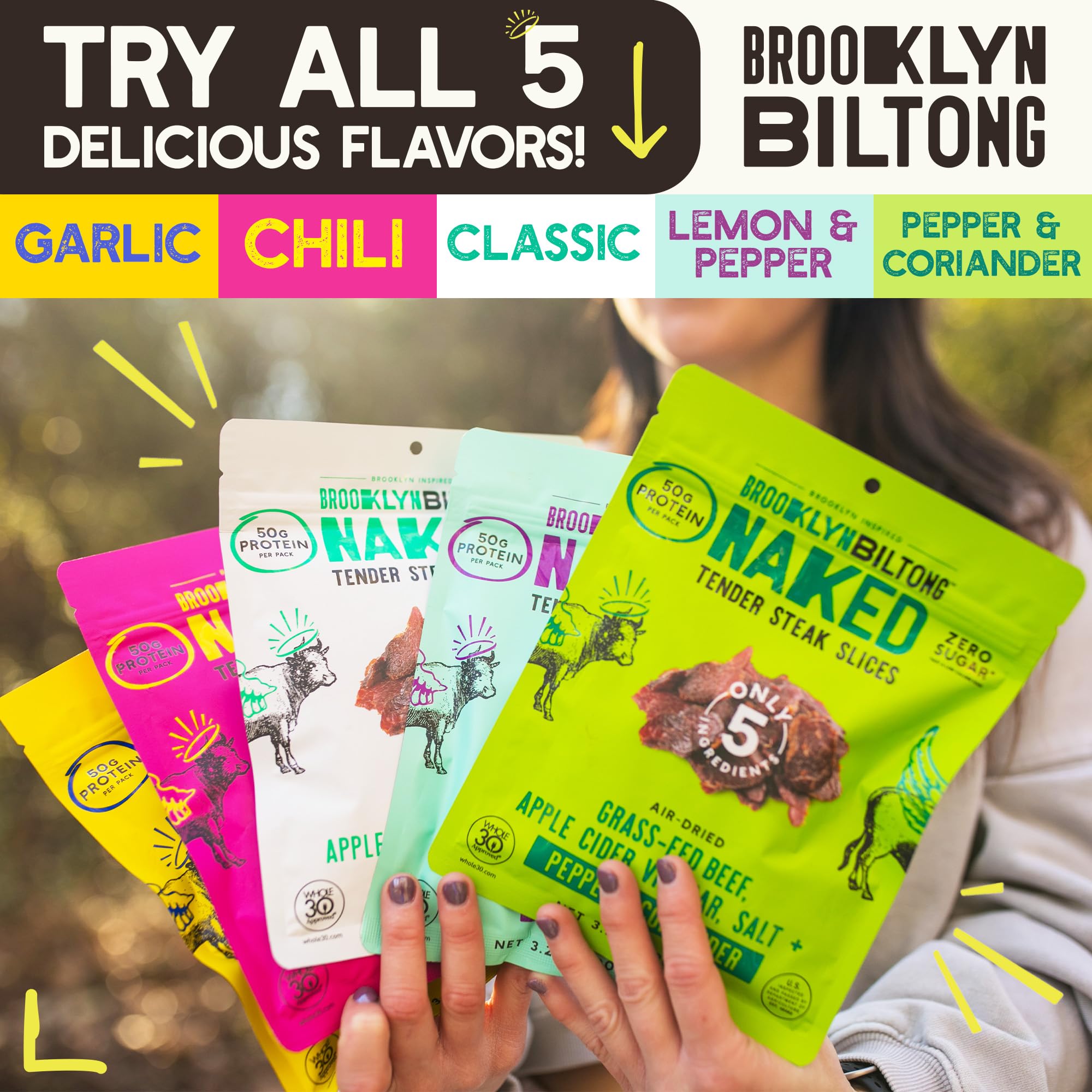 Brooklyn Biltong certification badges showing keto and Whole30 suitability