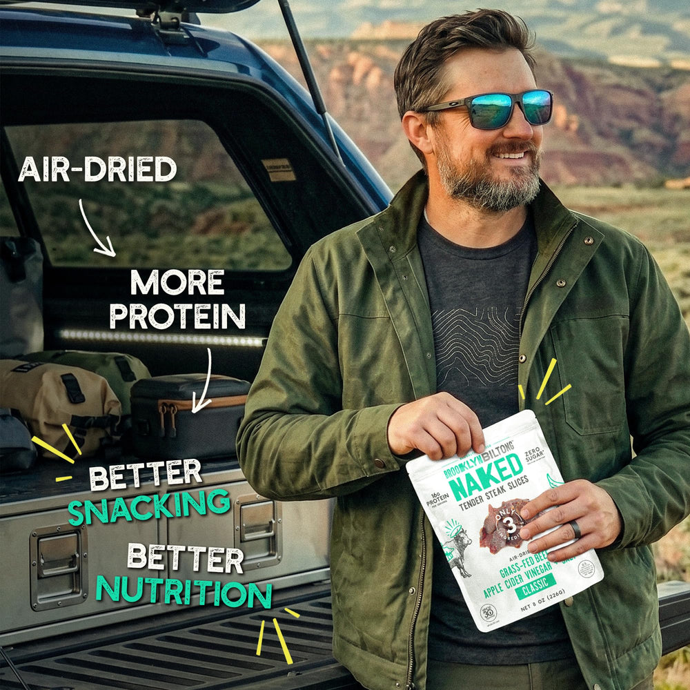 Brooklyn Biltong nutrition label highlighting high protein and zero sugar benefits