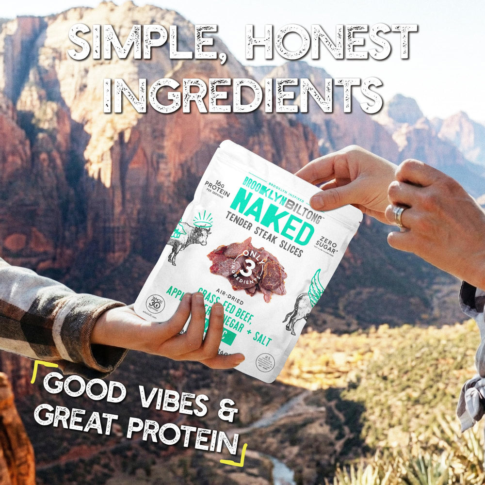 Brooklyn Biltong open pack with slices visible, convenient grab-and-go protein