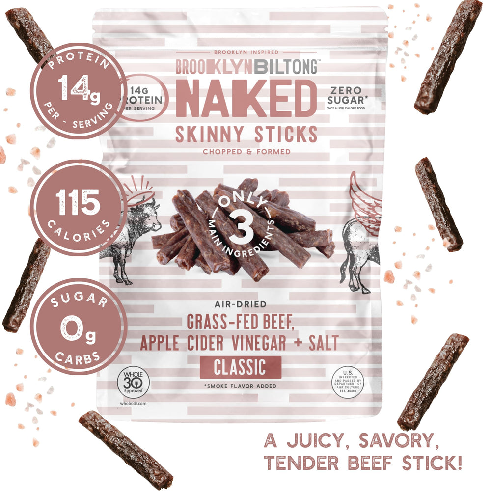 Brooklyn Biltong unwrapped single skinny stick highlighting tender texture and convenience
