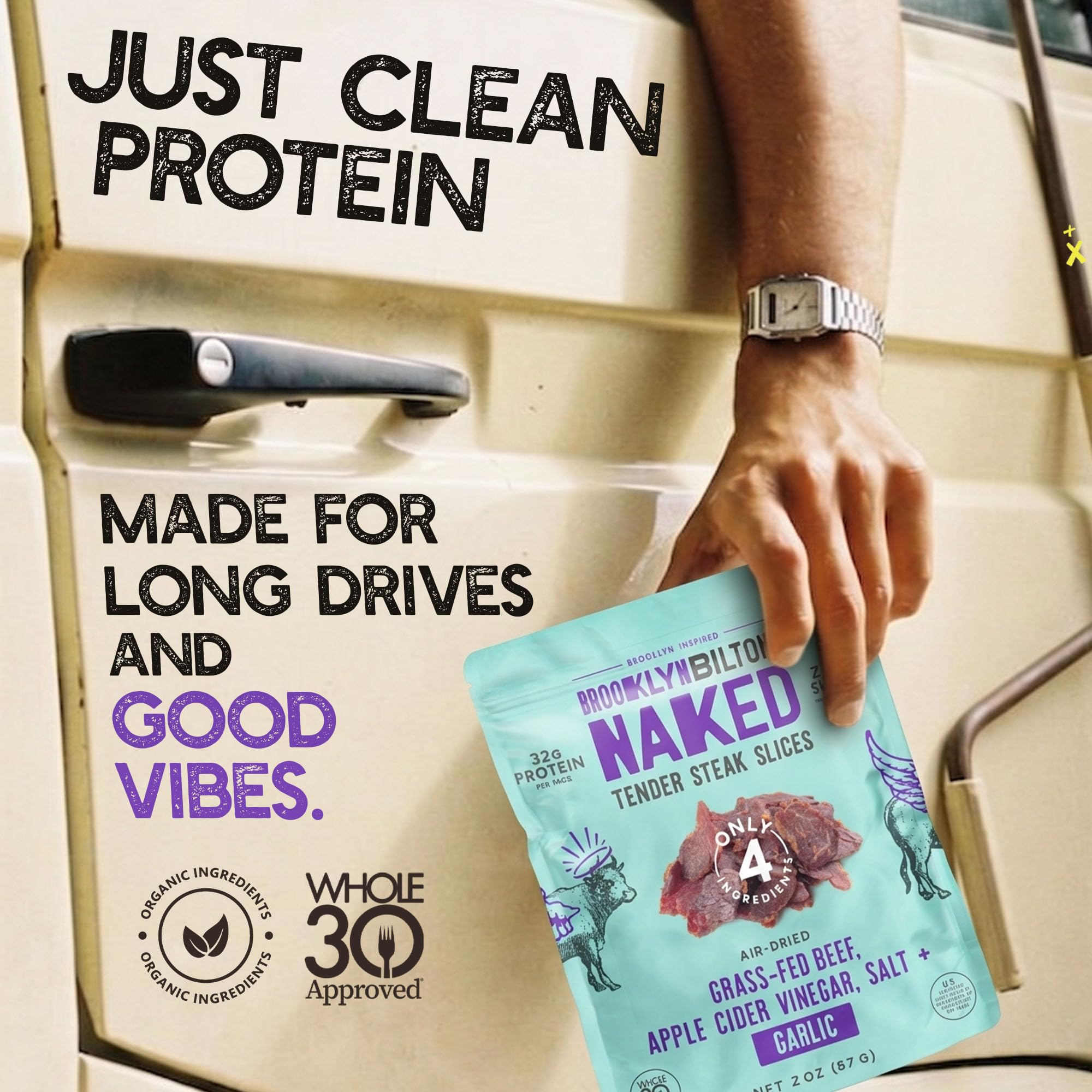 Brooklyn Biltong garlic steak slices beside beef jerky to show higher protein per ounce benefit