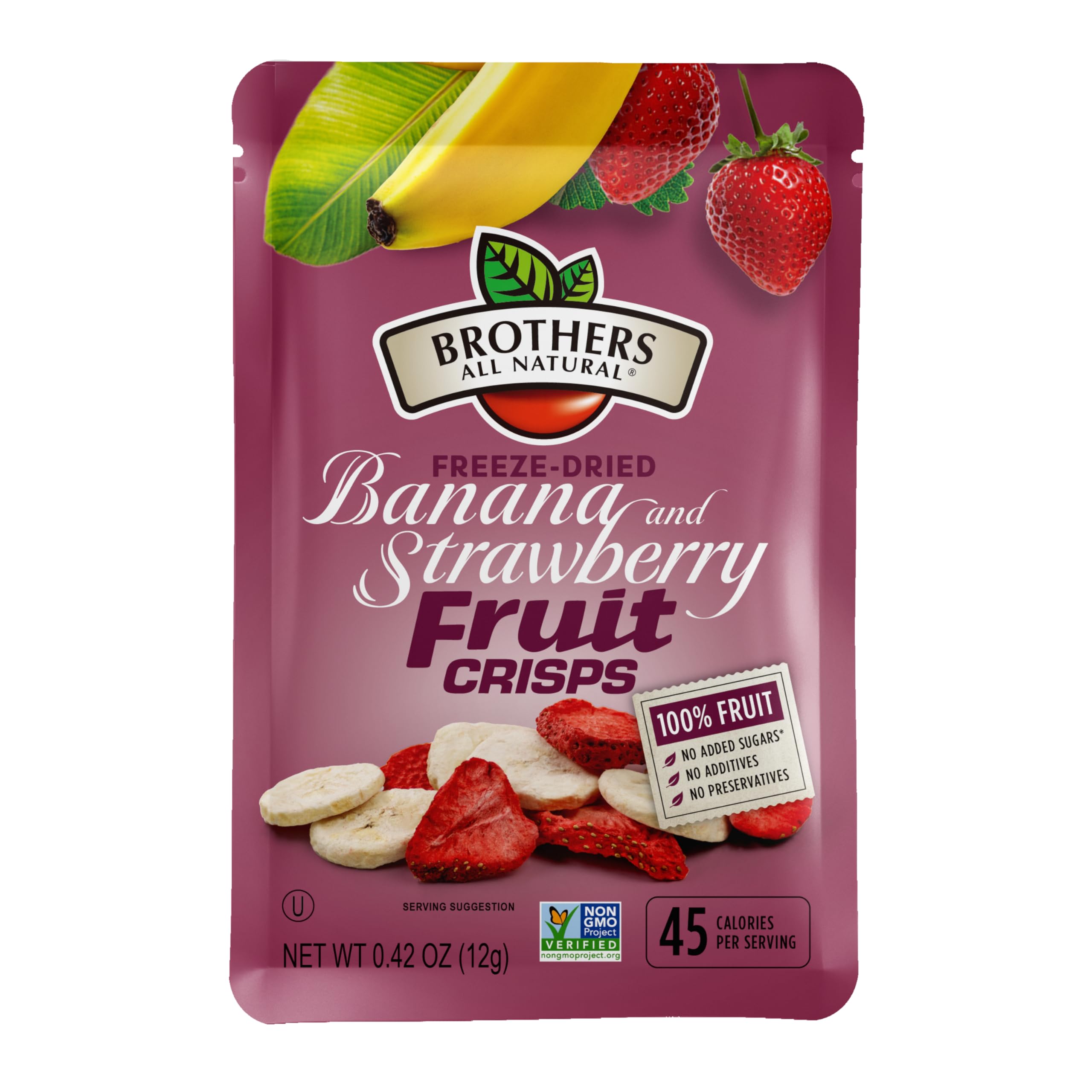 Brothers All Natural front pouch showing banana and strawberry mix, convenient snack