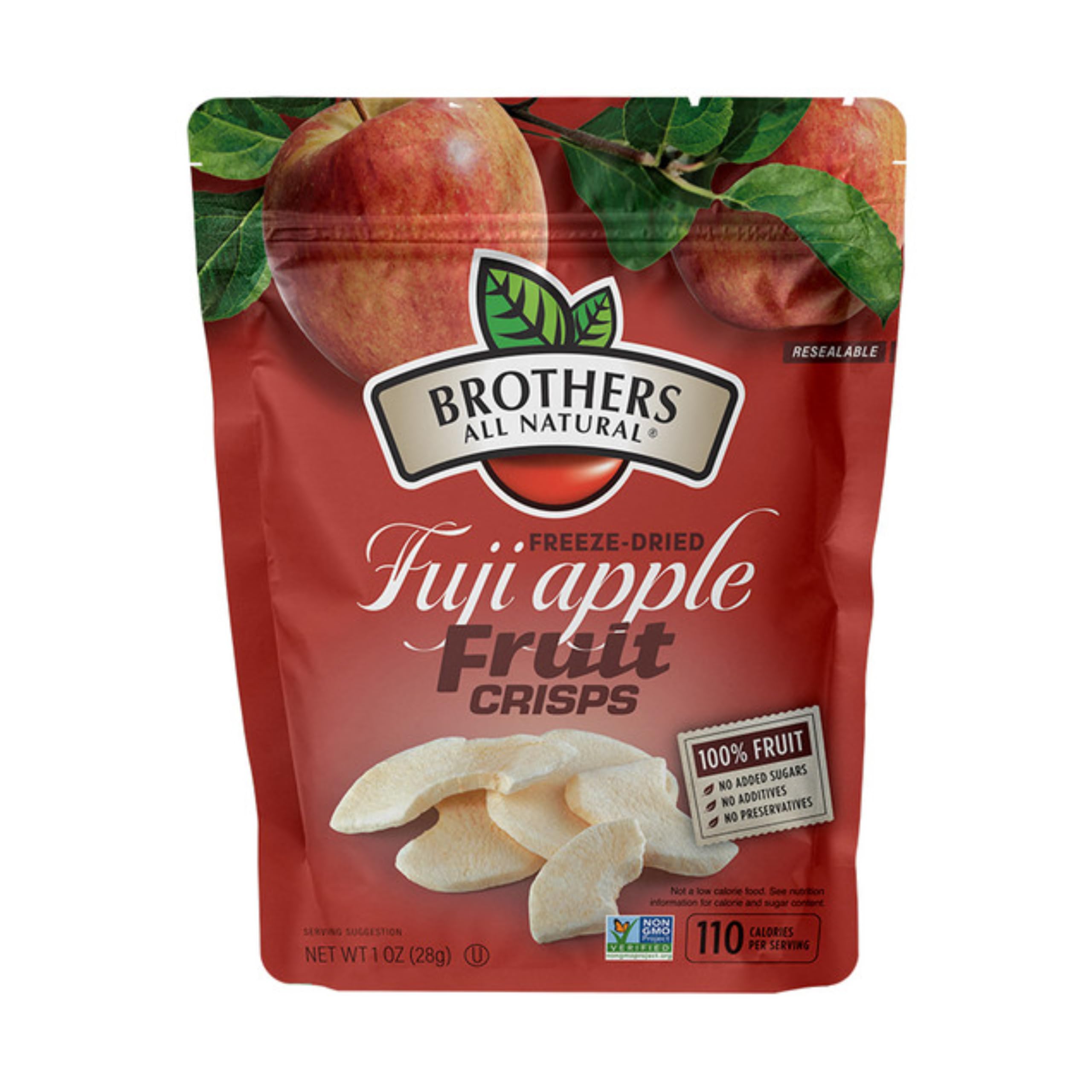 Brothers All Natural close-up of freeze-dried Fuji apple slices showing crisp texture and pure fruit taste