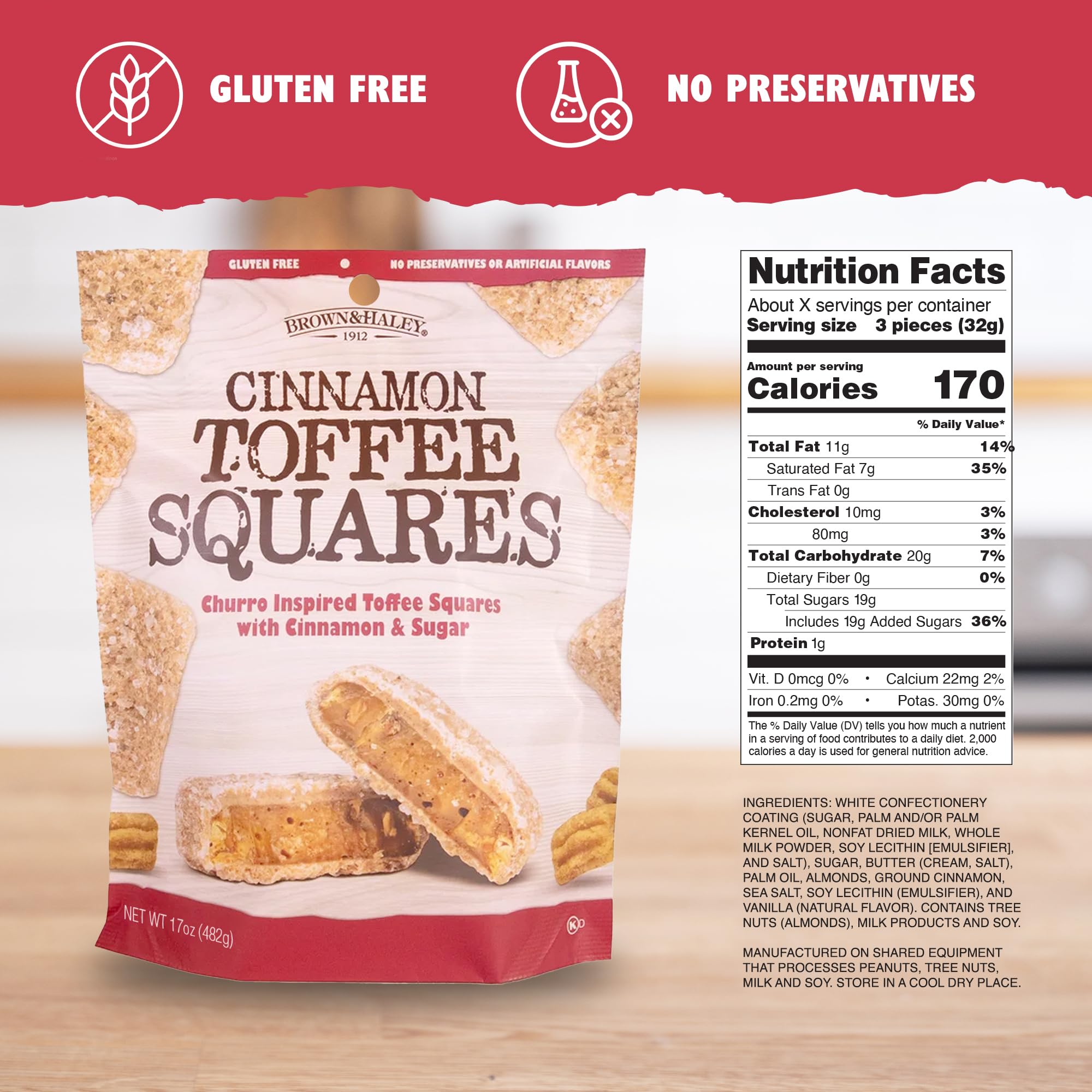Brown & Haley close-up of toffee square texture highlighting crunchy almonds and cinnamon