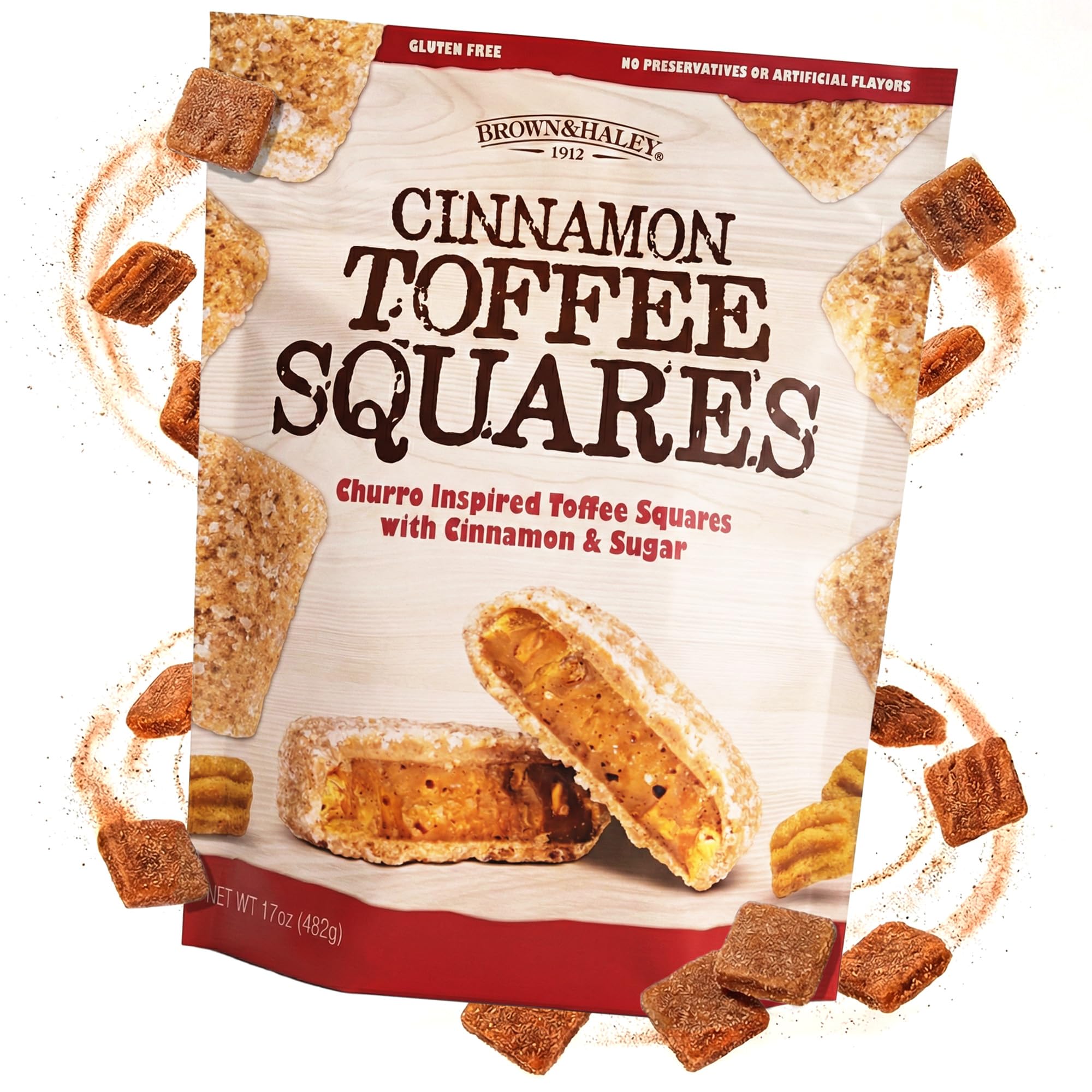 Brown & Haley front packaging showing cinnamon toffee bag and gift-ready presentation