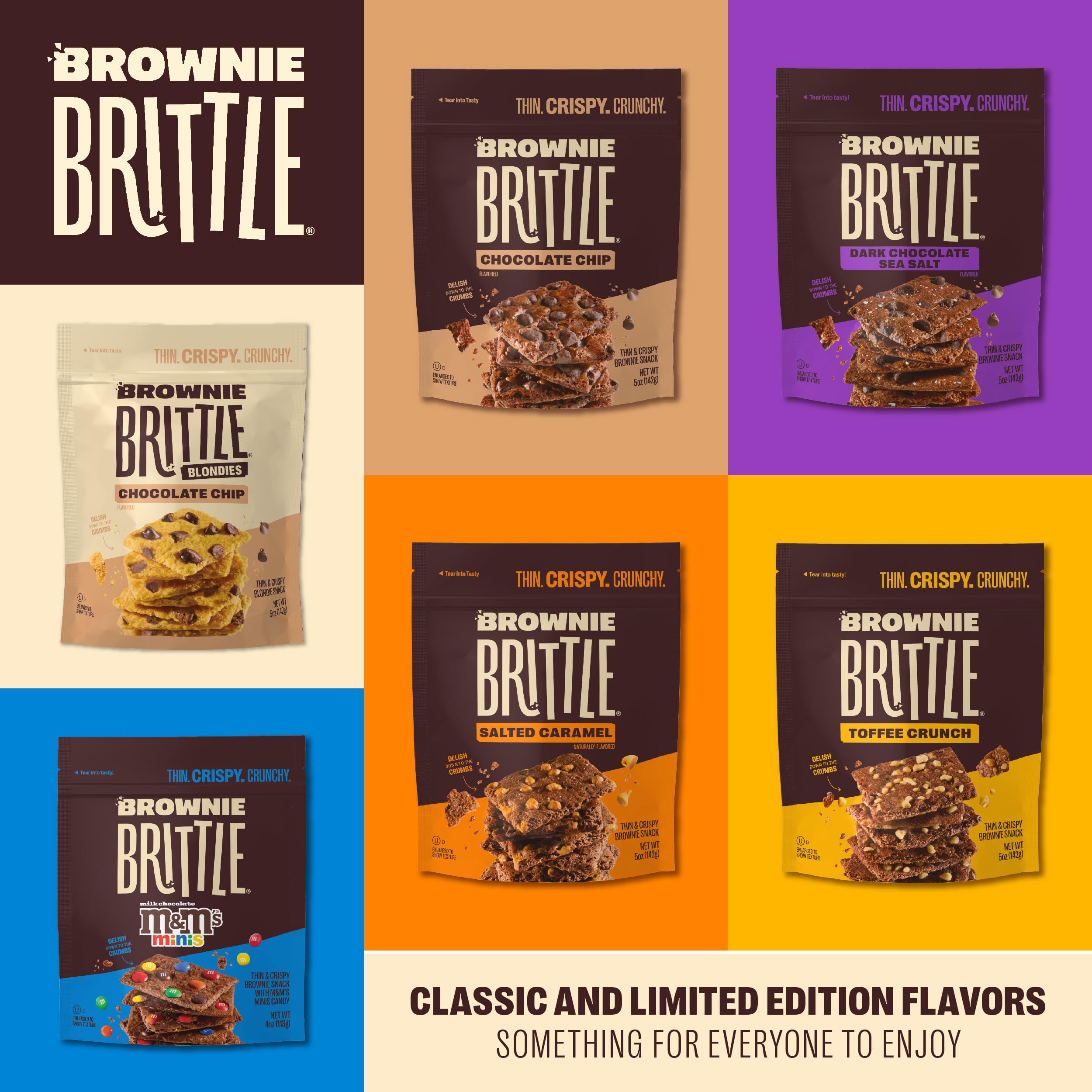 Brownie Brittle assorted single-serve bags on table for party serving