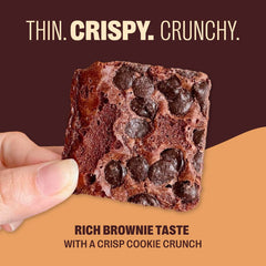 Close-up of thin brittle texture and chocolate chips, Brownie Brittle delivers crisp brownie flavor