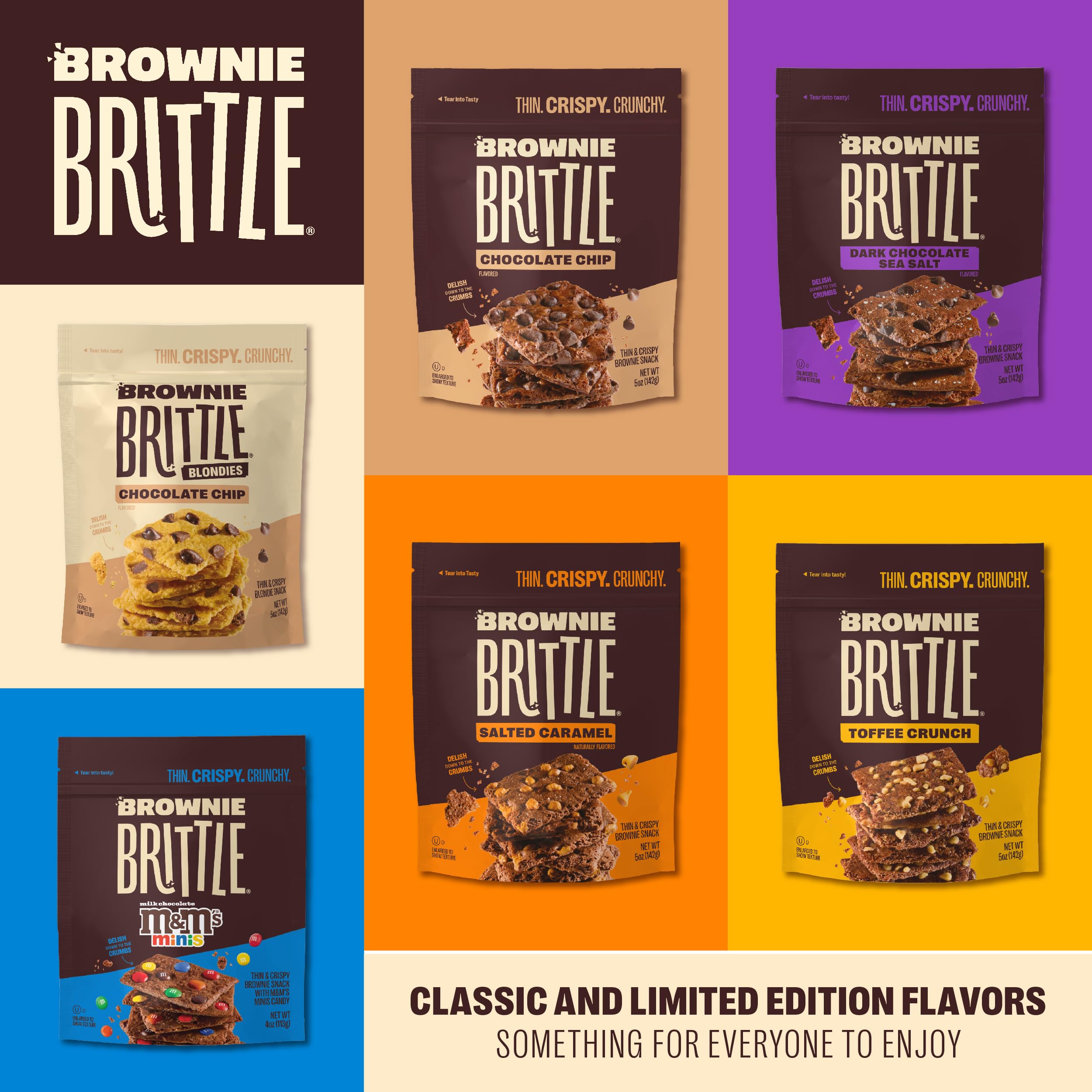 Brownie Brittle portion pack layout showing twenty 1 oz bags for sharing