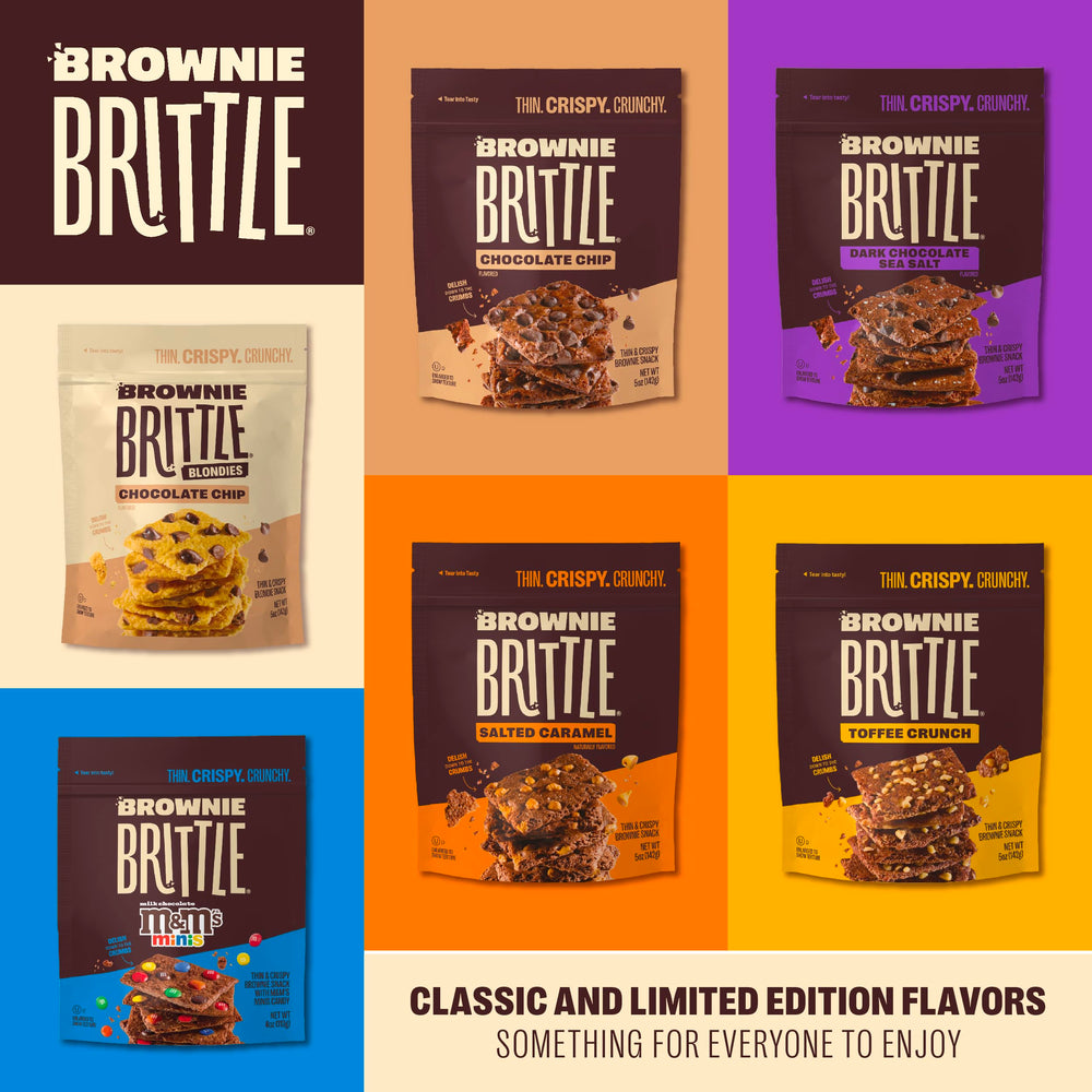 Brownie Brittle portion pack layout showing twenty 1 oz bags for sharing