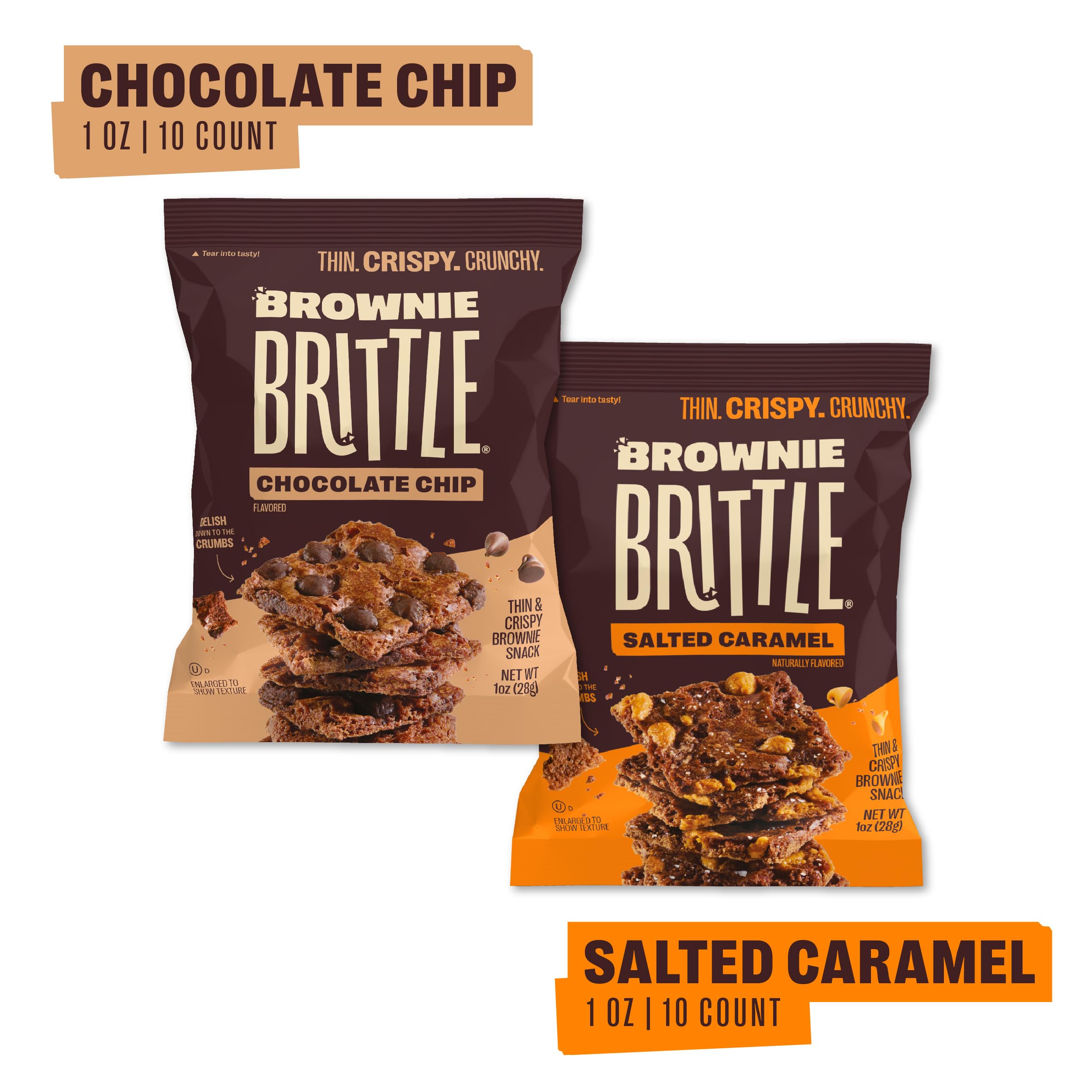 Brownie Brittle two bags side by side highlighting both flavors and portability