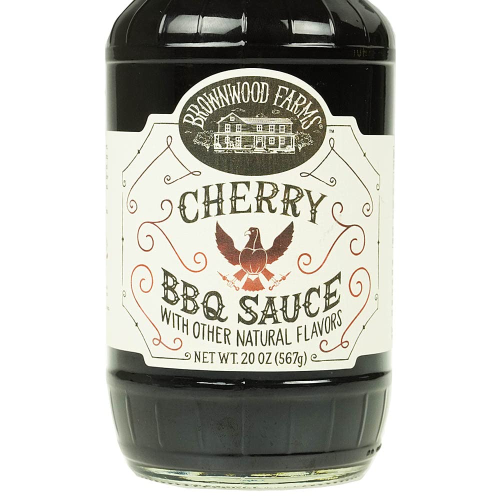 Brownwood Farms label close-up featuring Michigan cherries and ingredient callout