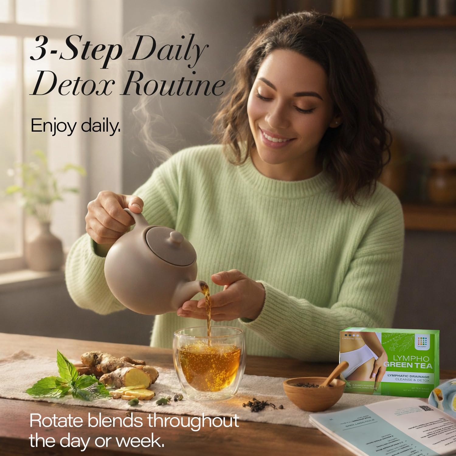 Bruizex green tea steeped cup showing color and antioxidant-rich refreshment
