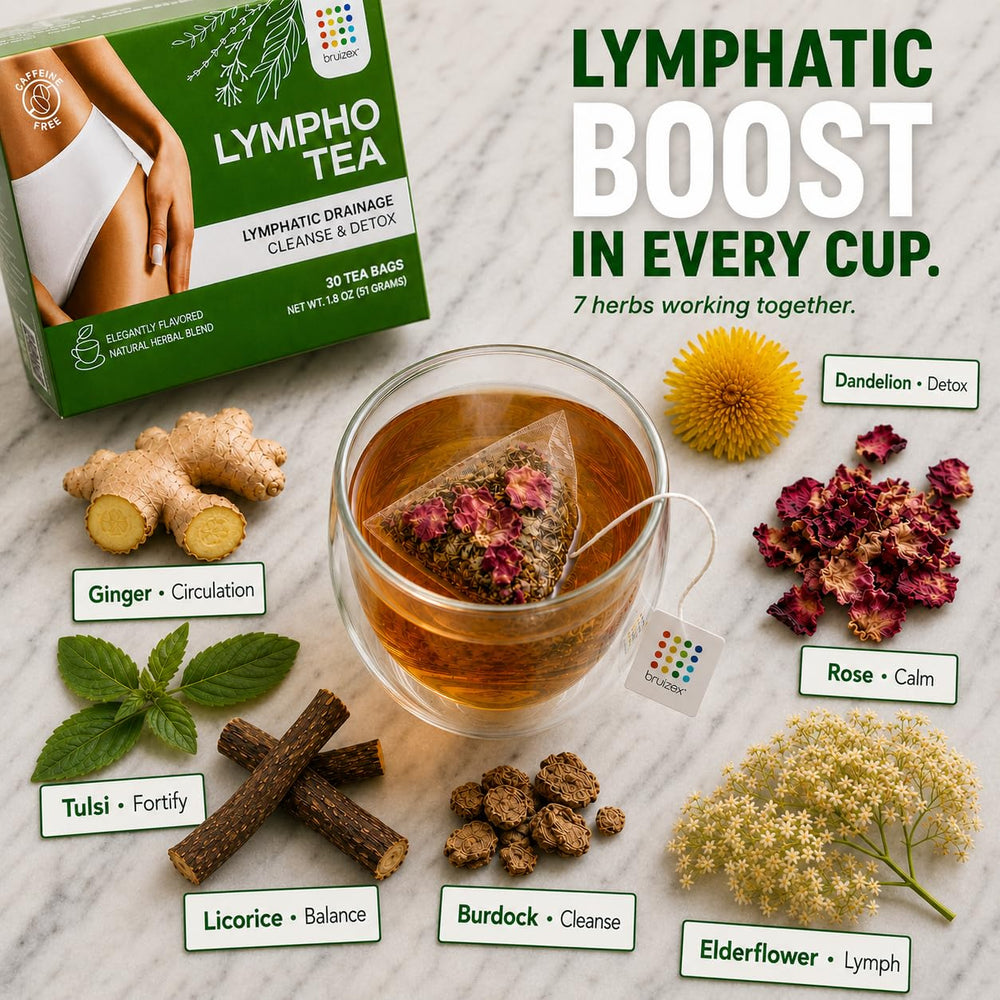 Iced Bruizex lymphatic tea being poured over ice highlighting refreshing, cooling option