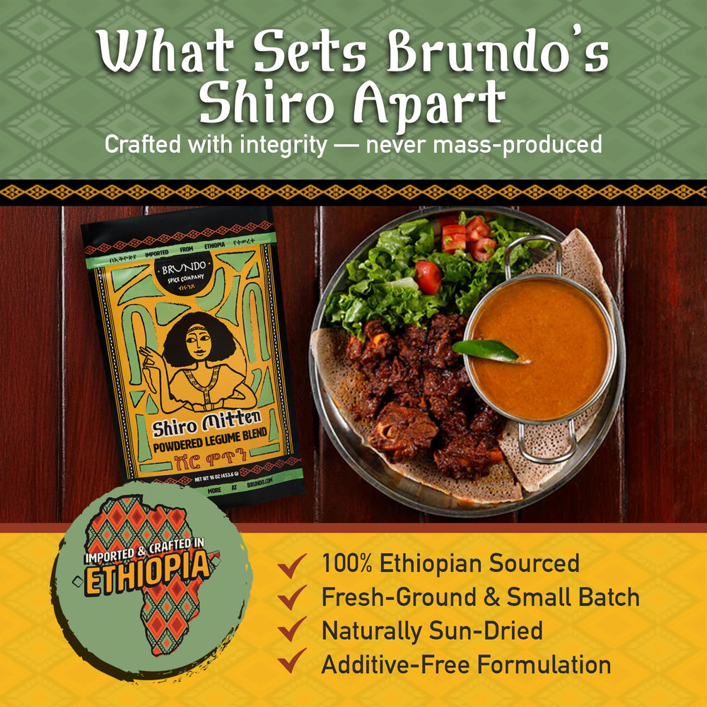Brundo Market shiro served on injera, showcasing traditional pairing benefit
