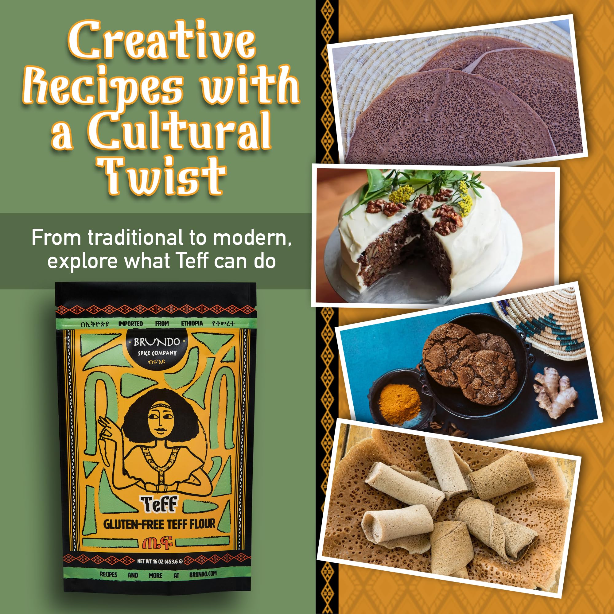 kitchen countertop scene with Brundo Market teff flour used in baking showing everyday versatility