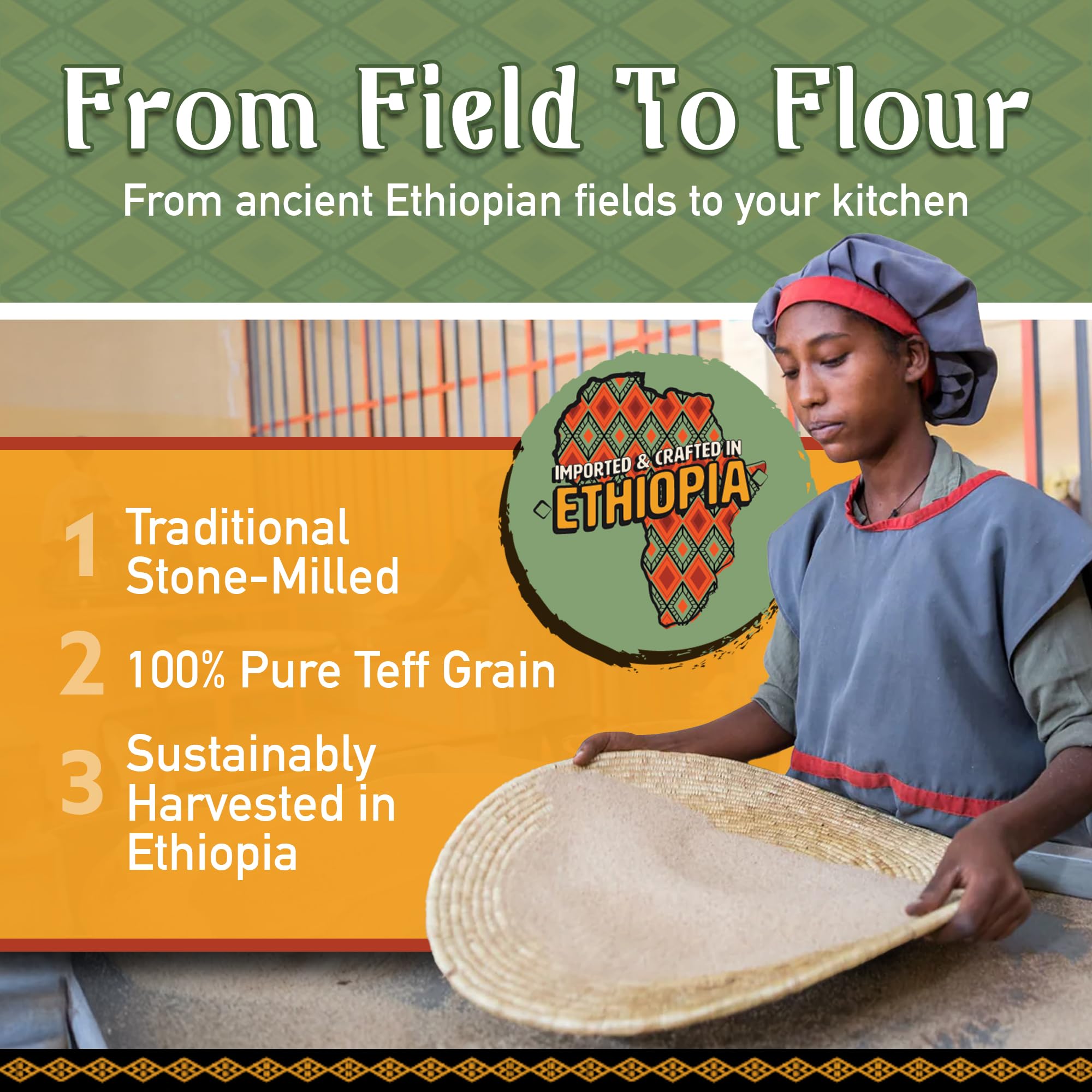 label close-up on Brundo Market teff bag highlighting hand-picked Ethiopian sourcing benefit