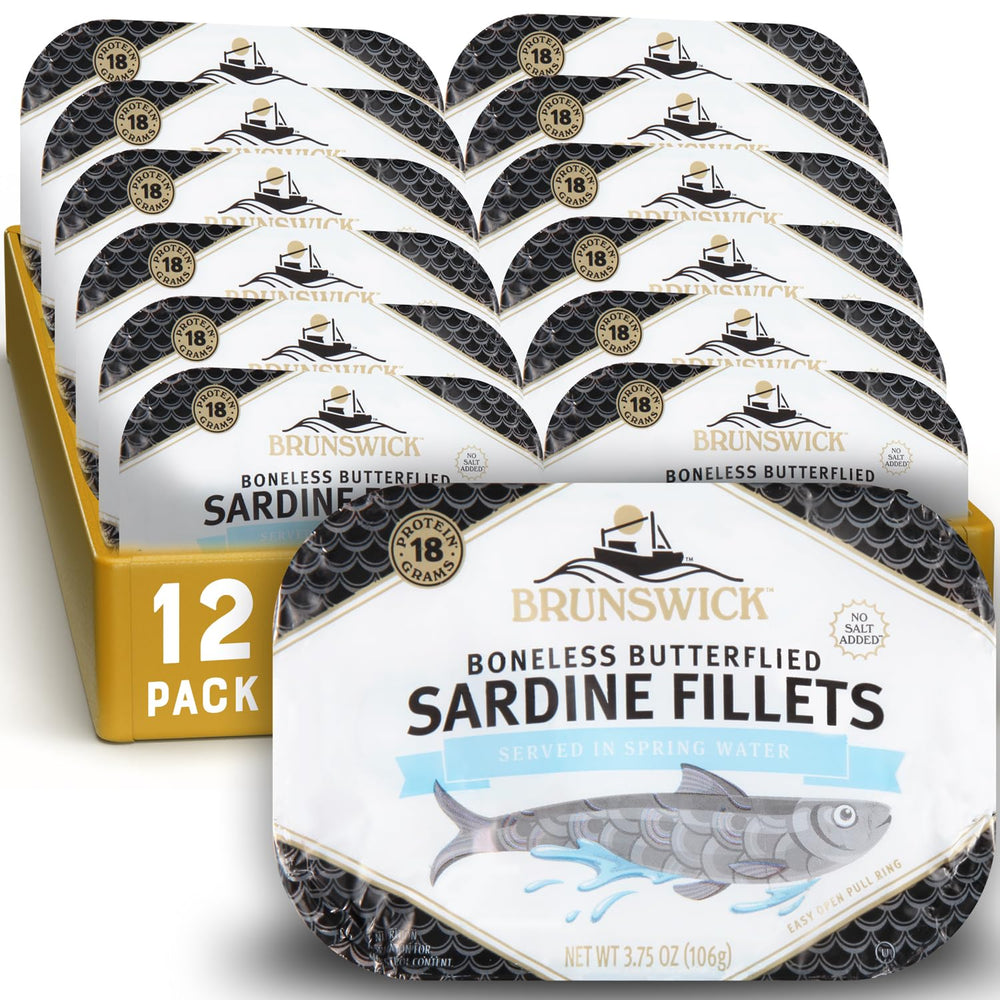 Brunswick front can of sardines in spring water showing label and can design, convenient pantry protein