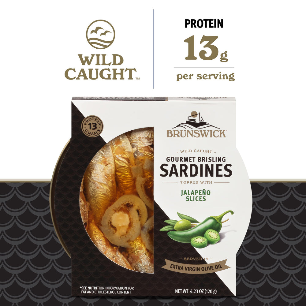 Brunswick open can top view with sardines and jalapeño slices highlighting ready-to-eat convenience