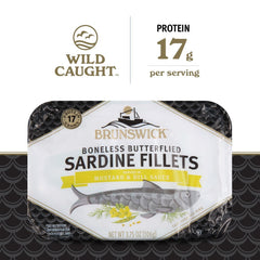 brunswick open can with boneless butterflied fillets visible, convenient ready-to-eat protein