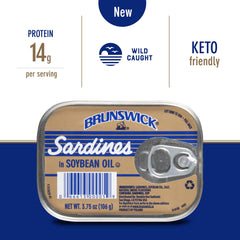 Brunswick open can close-up showing sardine texture in soybean oil for tender flavor