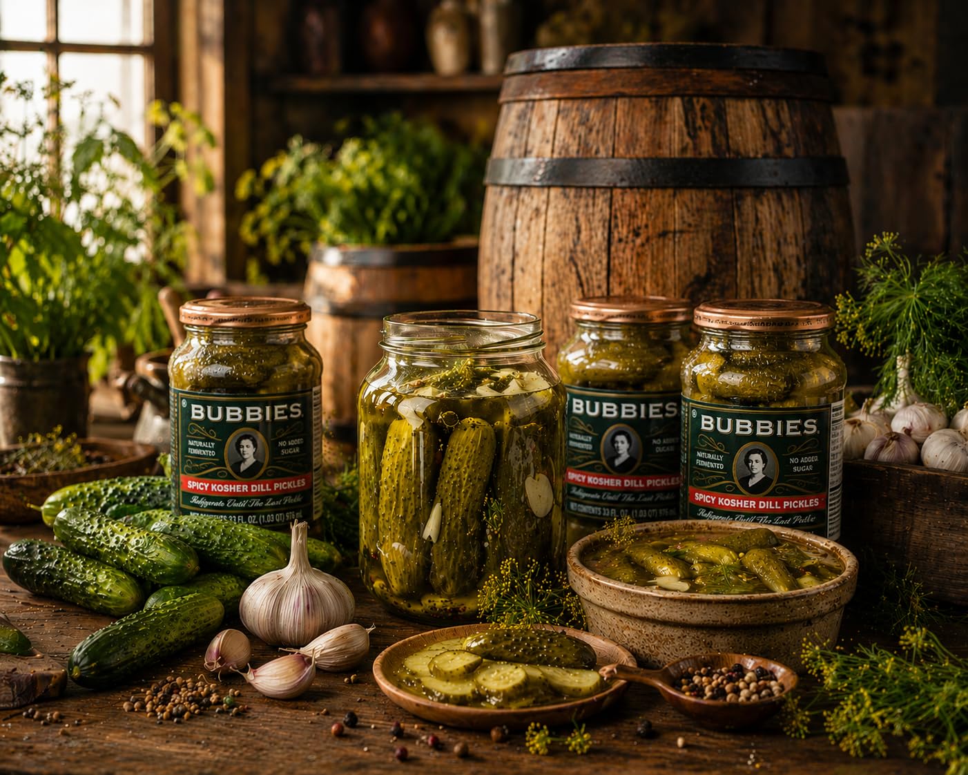 bubbies brine with visible spices close-up showing natural fermentation flavor