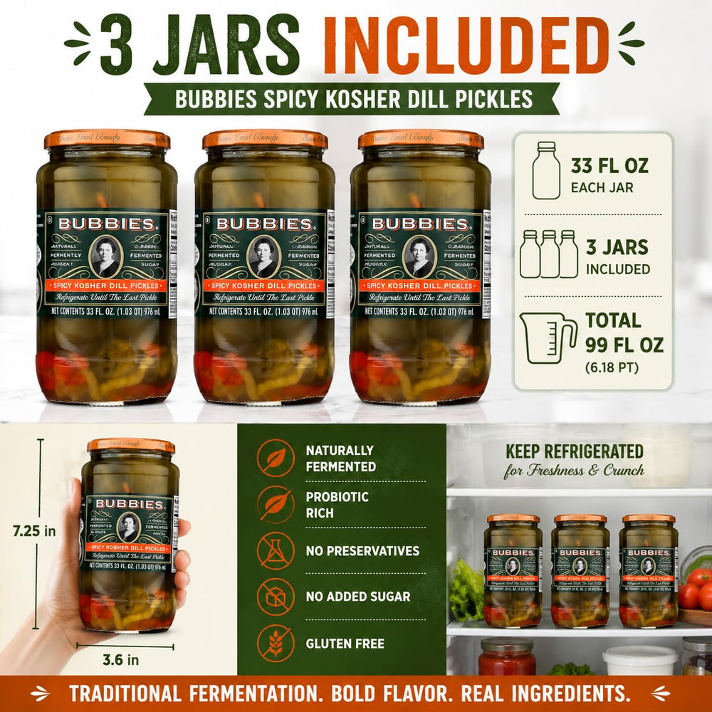 bubbies open jar top view revealing whole pickles and brine, ready to serve