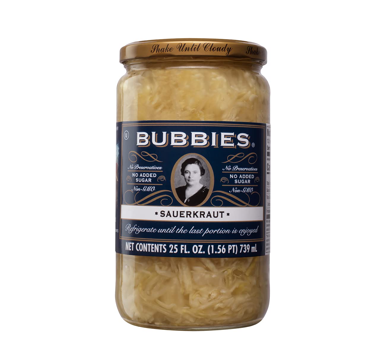 Bubbies front packaging showing clear glass jar and label, highlights fresh taste