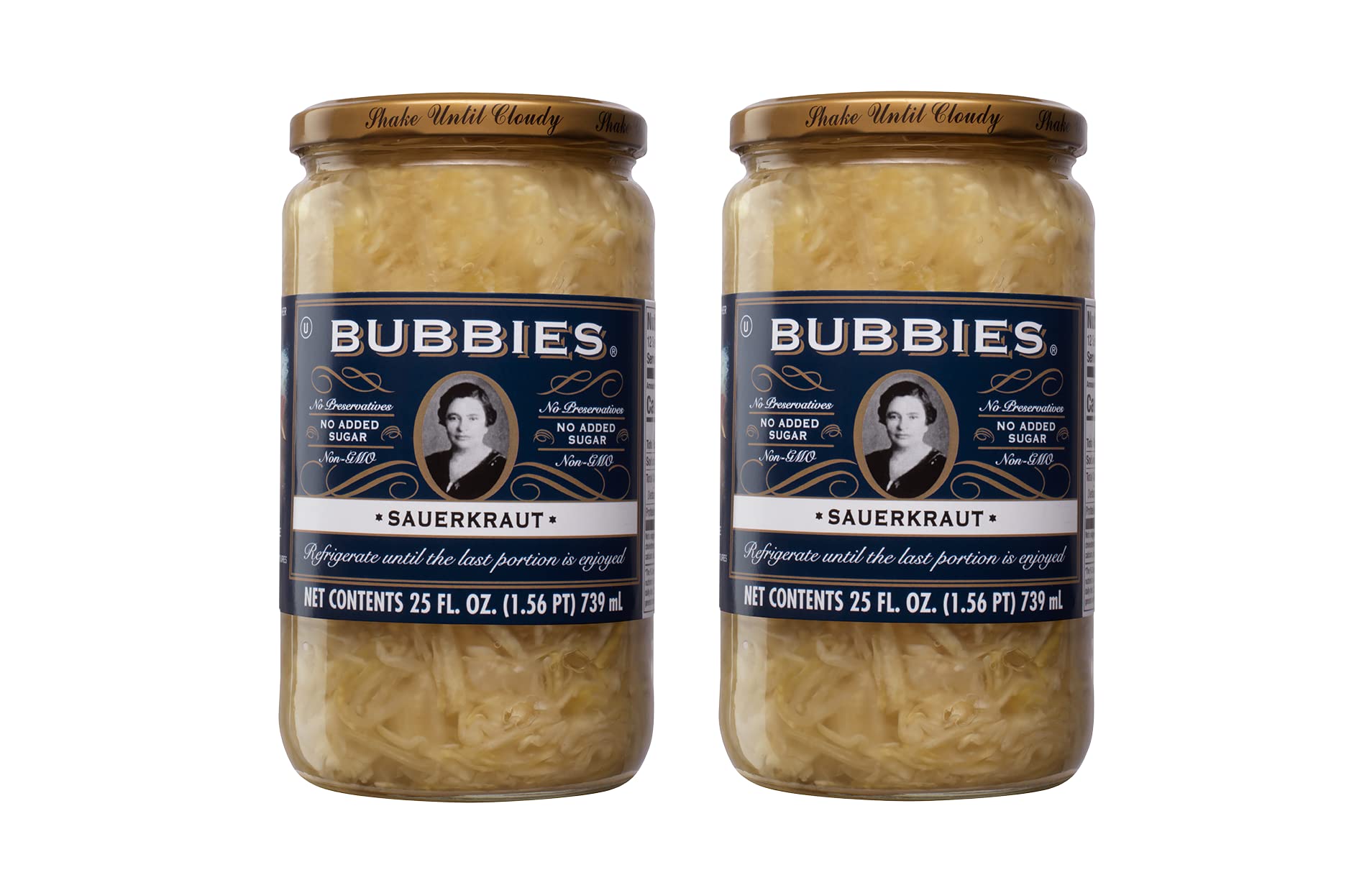 Bubbies open jar close-up of sauerkraut texture and brine, demonstrates crisp crunch