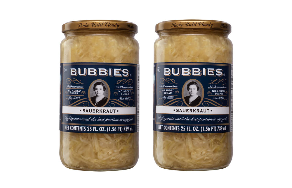 Bubbies open jar close-up of sauerkraut texture and brine, demonstrates crisp crunch