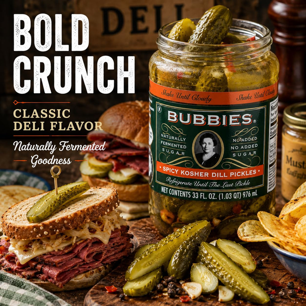 bubbies sliced pickles on burger adding spicy dill flavor and crisp contrast