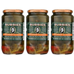 bubbies front packaging showing three 33 oz jars and bold spicy label, great for stocking