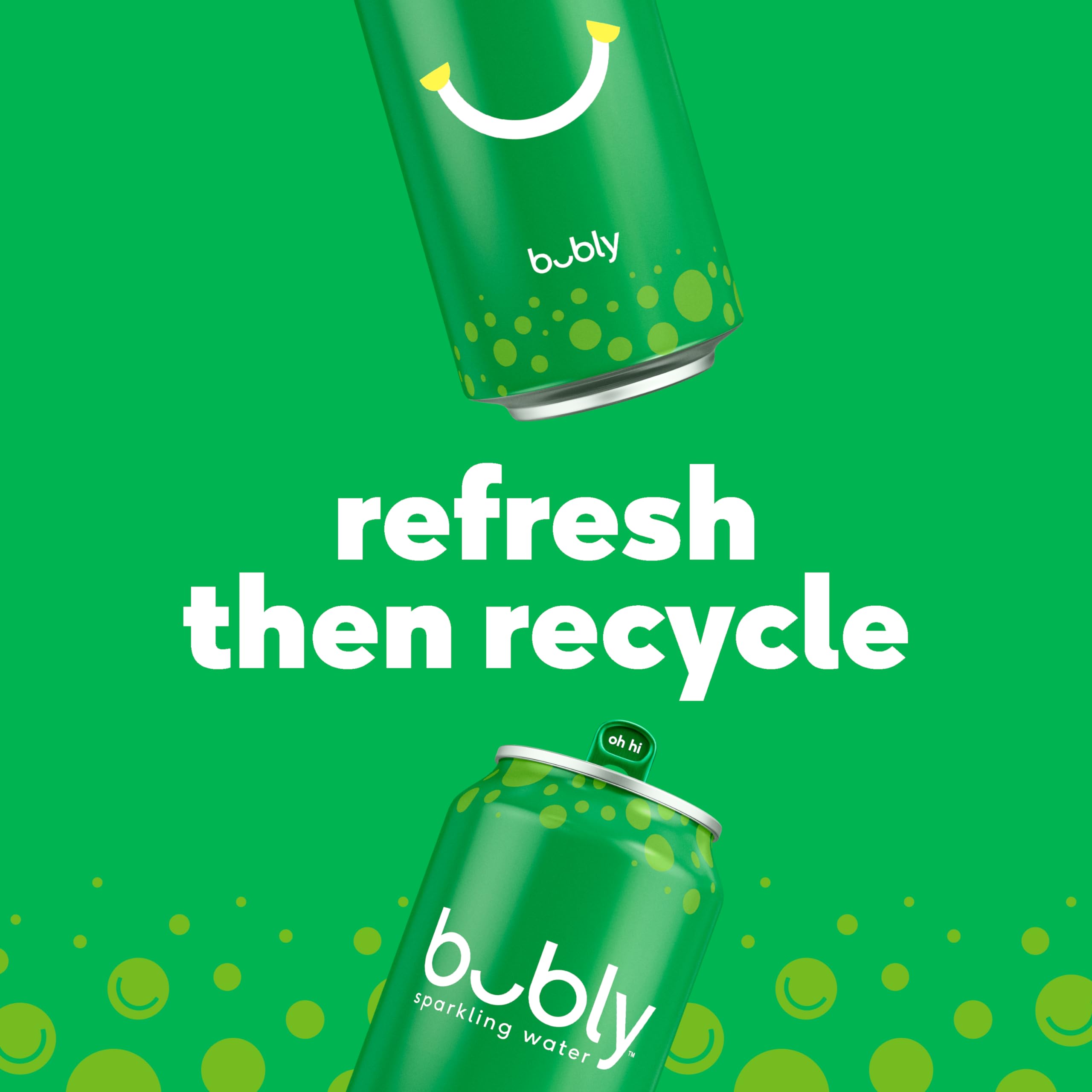 bubly aluminum cans grouped with recycling symbol showing eco-friendly benefit