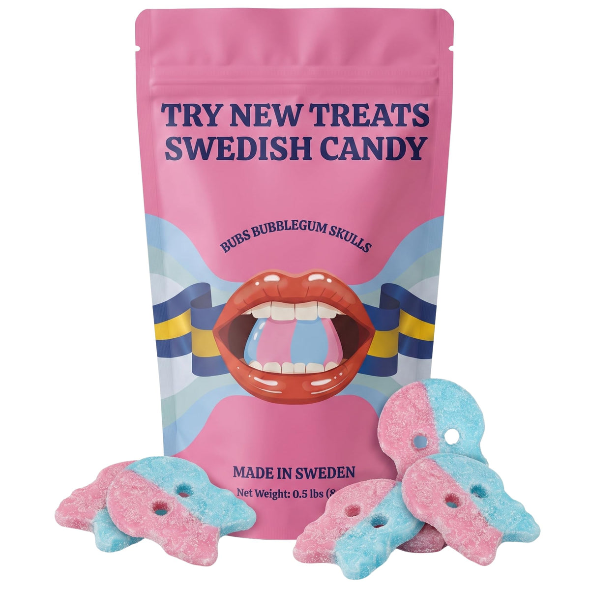 Try New Treats BUBS front packaging showing resealable 8 oz bag and branding benefit