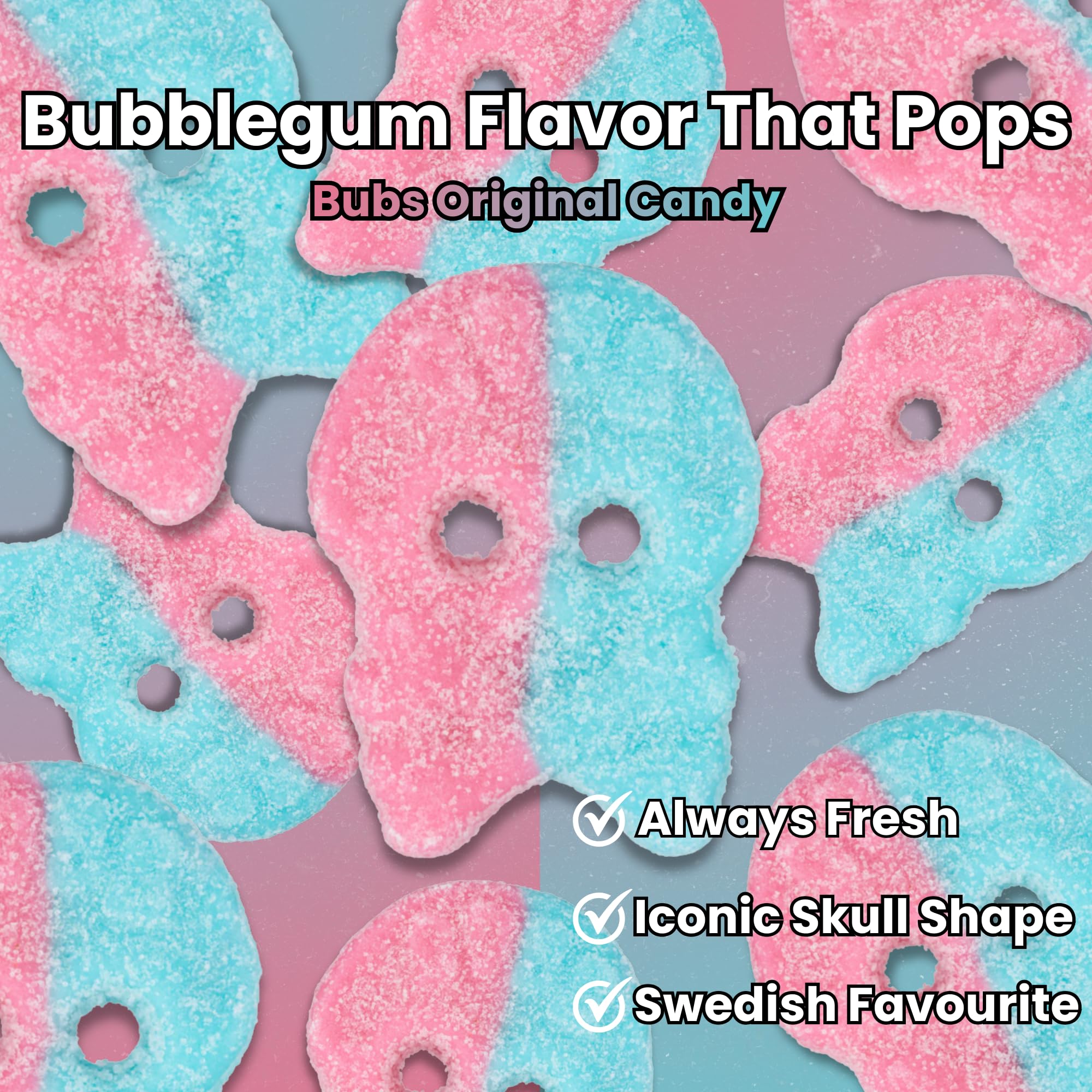 Try New Treats BUBS open bag with skulls spilled to show serving convenience