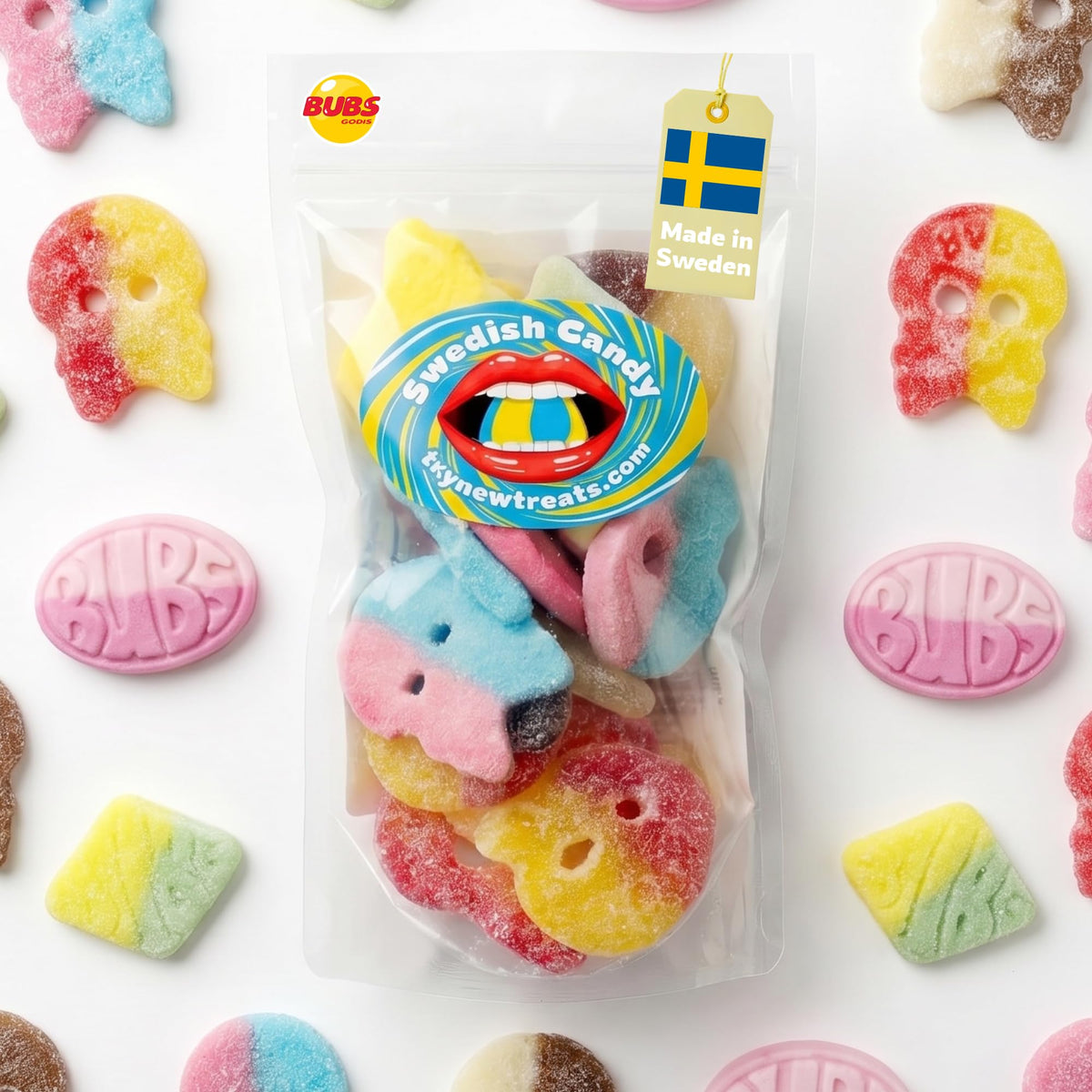 Try New Treats bubs front packaging displaying five-flavor mix and resealable bag benefit