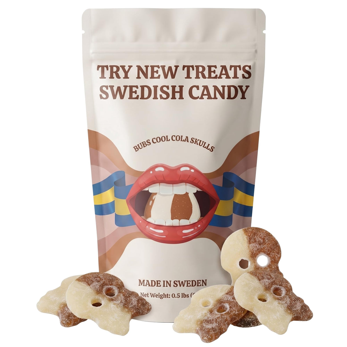 Bubs sour cola skulls front packaging by Try New Treats shows bag and branding benefit freshness