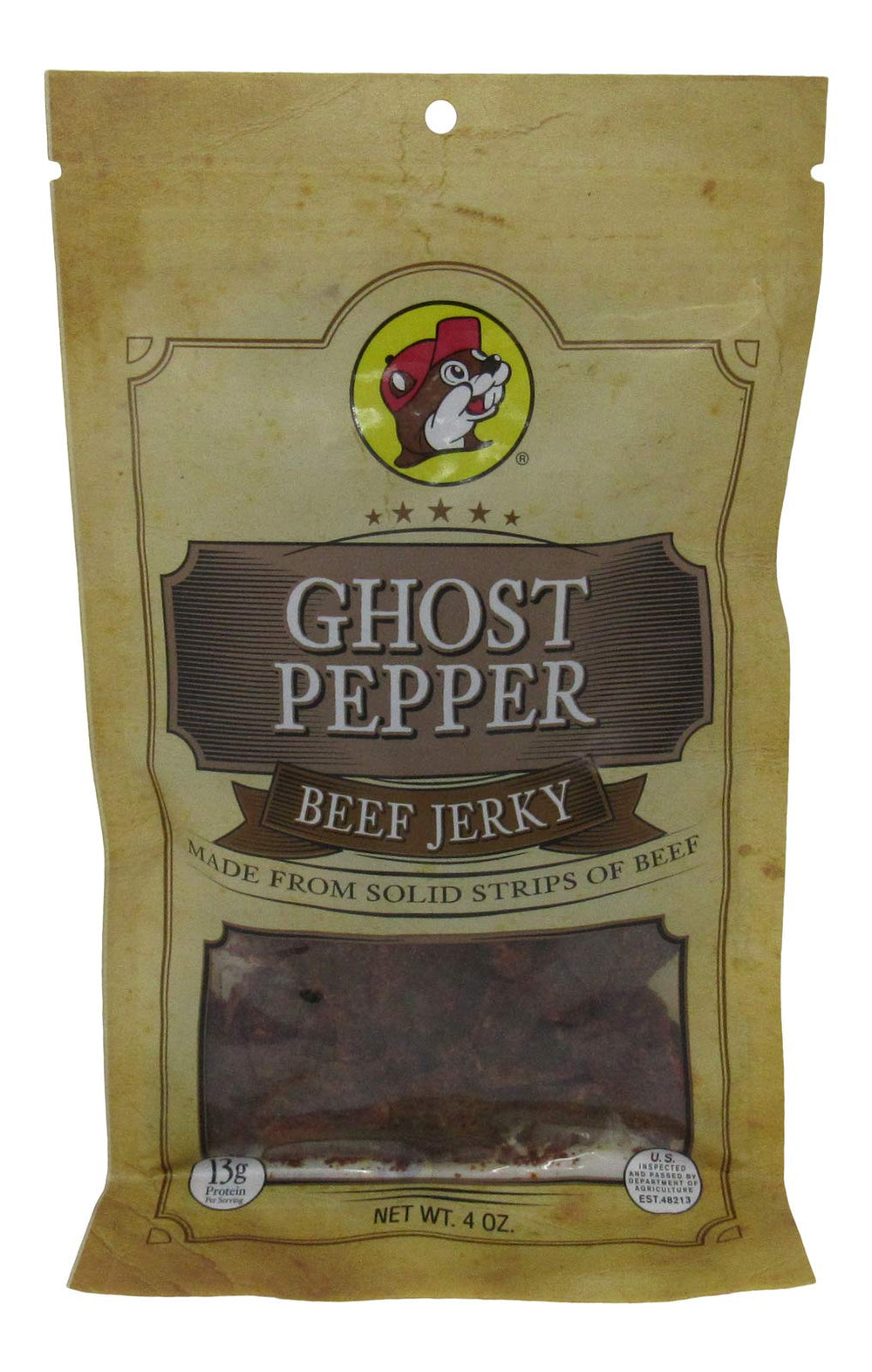 Buc-ee's front packaging showing resealable 4 oz bag and spicy benefit