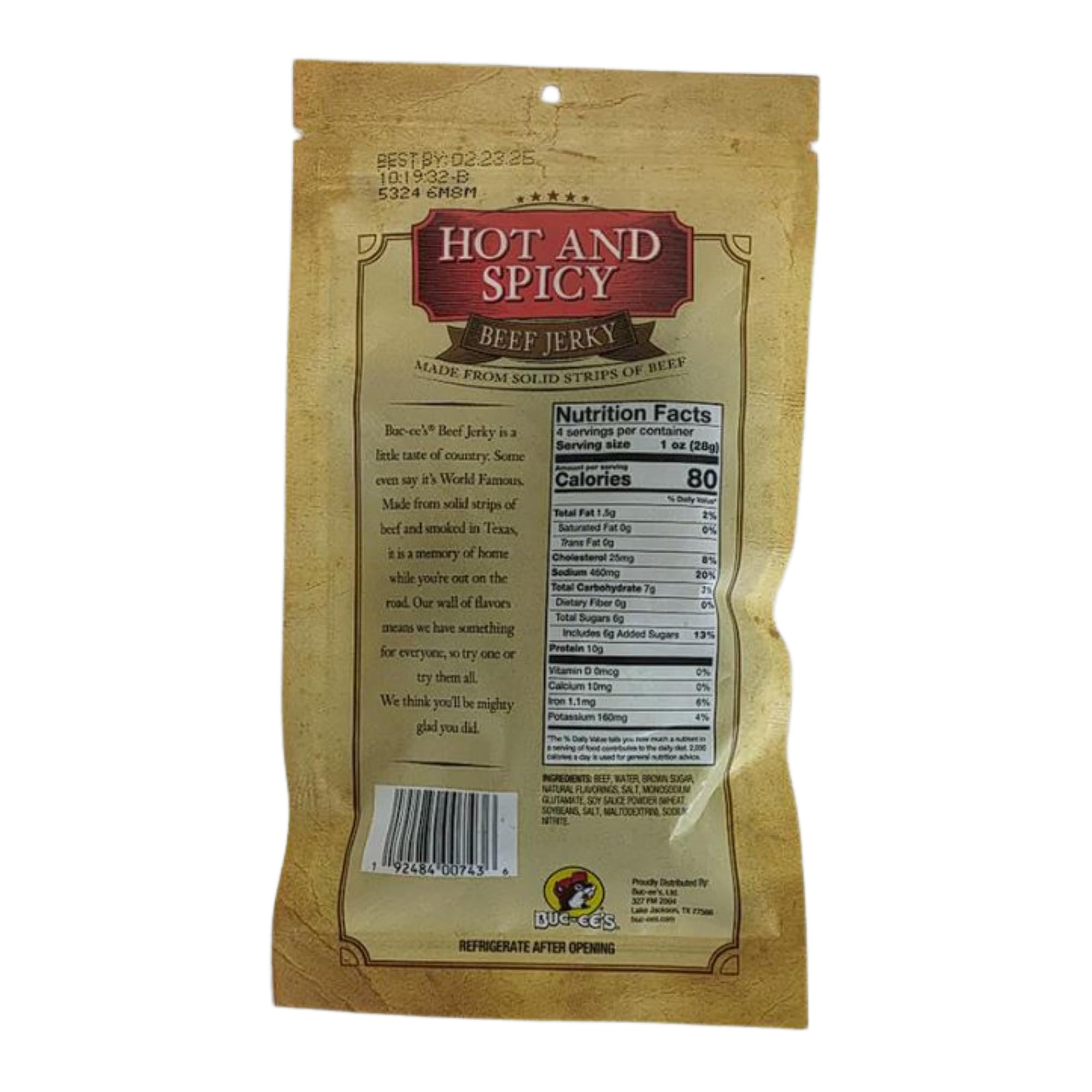 Buc-ee's closeup of jerky texture highlighting smoked beef chew and rich seasoning benefit
