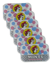 Buc-ee's open tin close-up of cotton candy mints, vivid texture and appeal
