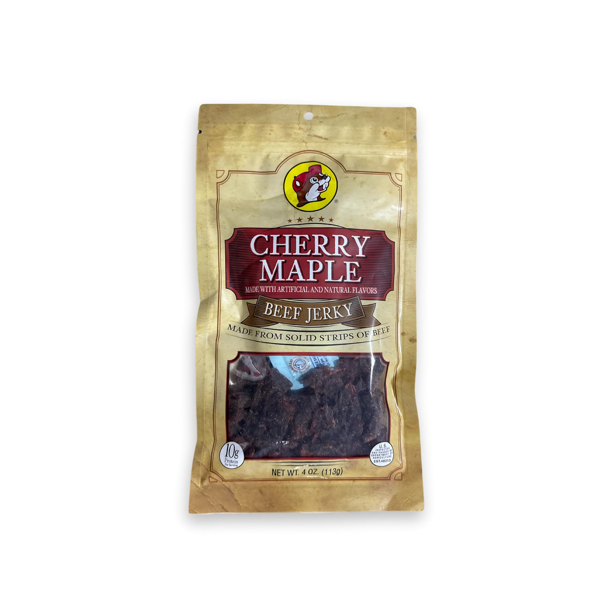 Buc-ee's front packaging showing smoked cherry maple flavor and resealable bag benefit