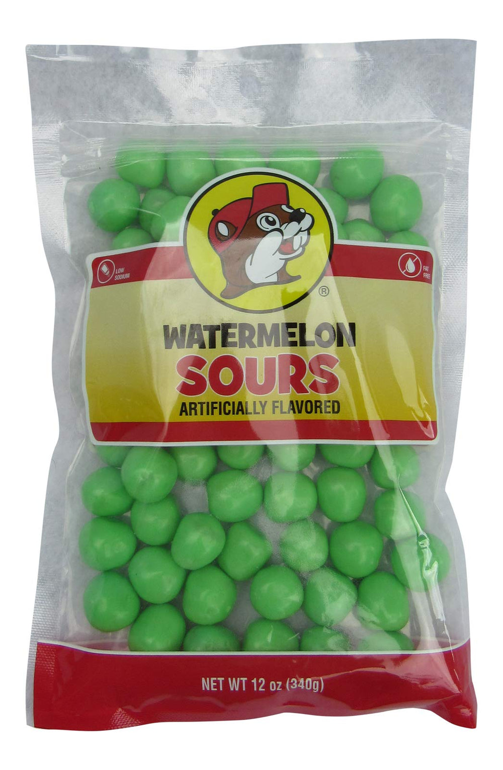 Buc-ee's watermelon sours resealable bag showing bright candies and long-lasting freshness