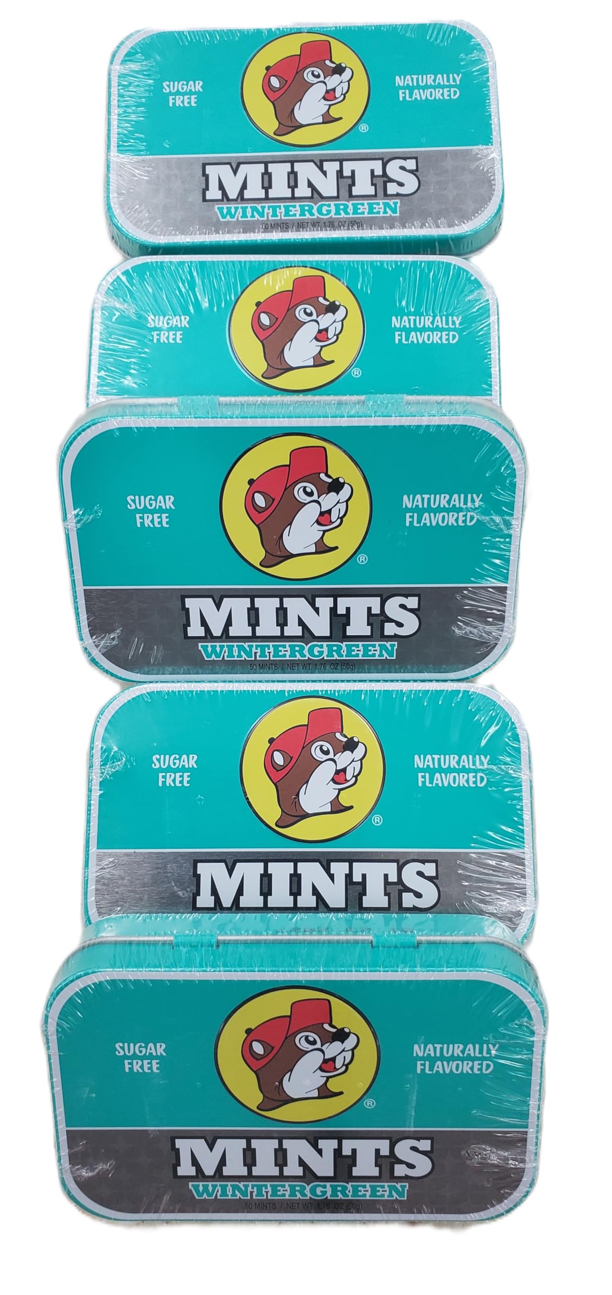 Buc-ee's wintergreen tin front view showing logo and compact design for easy carrying