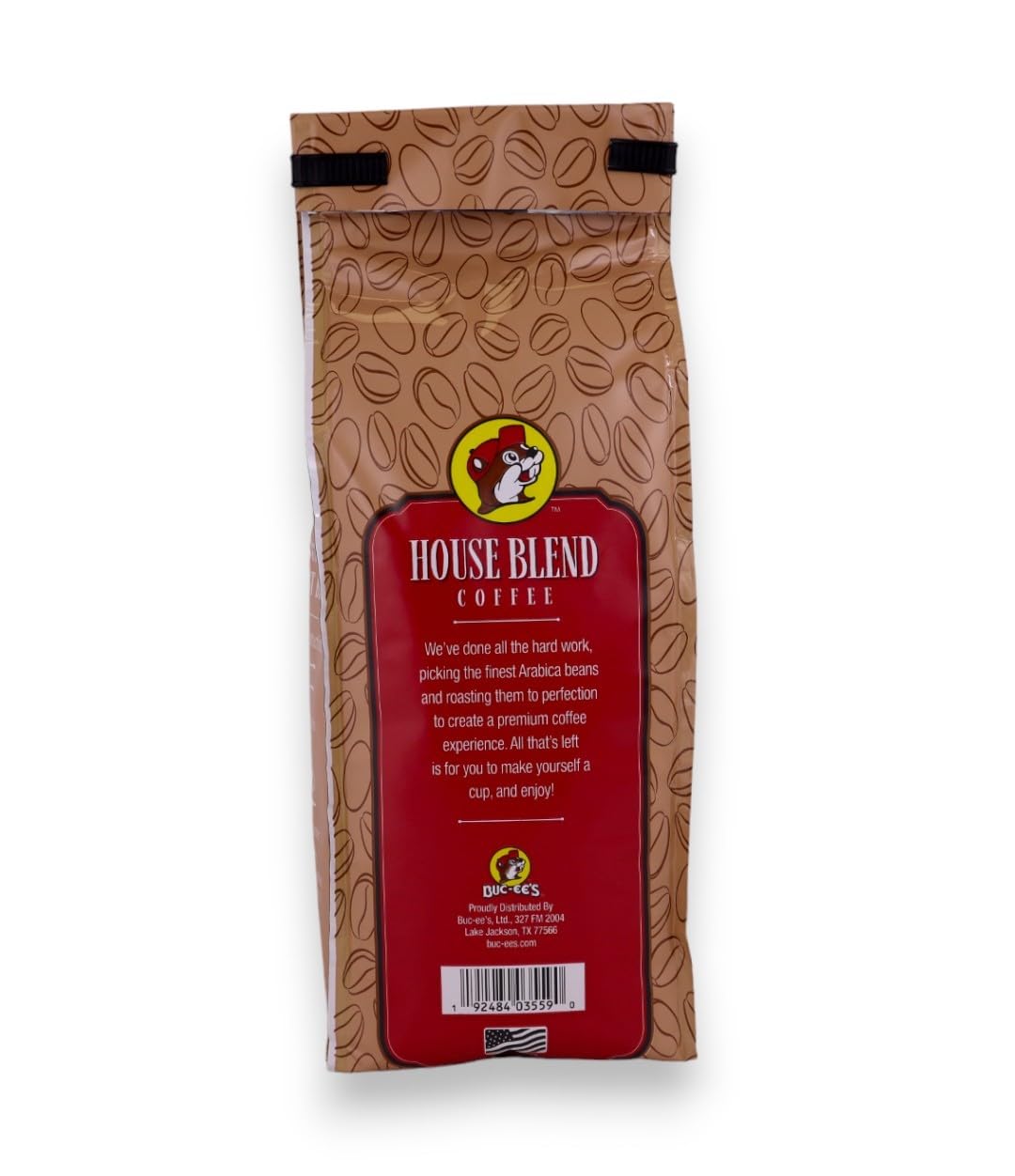 Buc-ee's brewed cup in a kitchen setting, showcasing smooth medium roast flavor