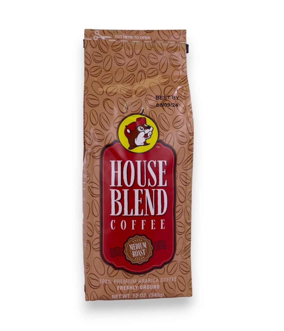 Buc-ee's front packaging of 12oz bag showing brand and blend, convenient and ready
